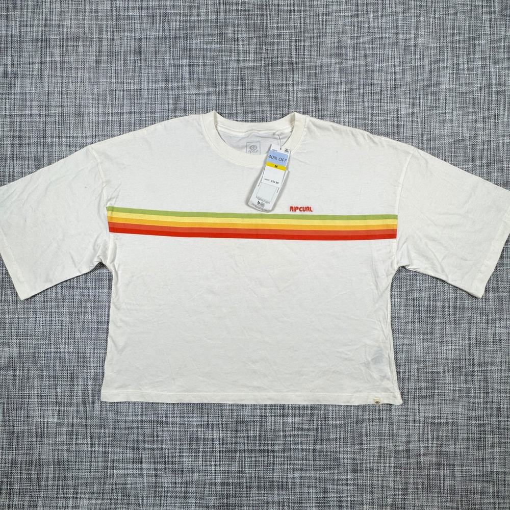 Rip Curl Women's M Surf Revival Crop Tee White Retro Rainbow Stripe Beach NWT
